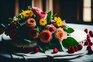 ein Strauß von Blumen auf ein Tisch. KI-generiert foto
