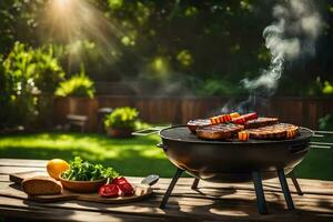 Grillen Steak auf ein Grill im das Hinterhof. KI-generiert foto