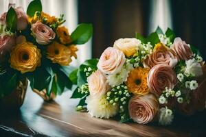 zwei Blumensträuße von Blumen Sitzung auf ein Tisch. KI-generiert foto