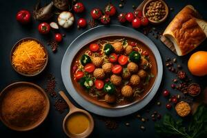 ein Teller von Essen mit Fleischklößchen, Tomaten und Gewürze. KI-generiert foto