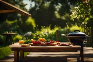 ein Tabelle mit Essen auf es und ein Grill auf Es. KI-generiert foto