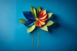 ein bunt Origami Blume auf ein Blau Hintergrund. KI-generiert foto