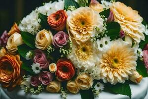 ein Hochzeit Kuchen mit bunt Blumen auf oben. KI-generiert foto