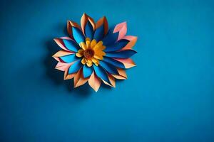 ein bunt Papier Blume auf ein Blau Hintergrund. KI-generiert foto