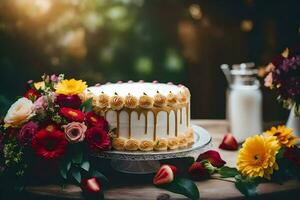 ein Kuchen mit Blumen und ein Flasche von Milch. KI-generiert foto