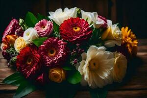 ein Strauß von bunt Blumen auf ein hölzern Tisch. KI-generiert foto