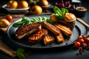 gegrillt Brot auf ein schwarz Teller mit Tomaten und Kräuter. KI-generiert foto