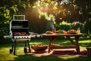 ein Grill und Tabelle mit Essen auf es im das Garten. KI-generiert foto