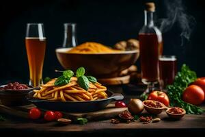 ein Vielfalt von Pasta und Gemüse auf ein Tisch. KI-generiert foto