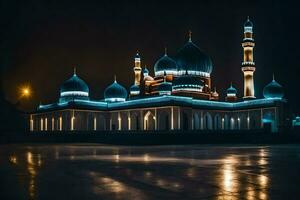 das Moschee beim Nacht mit Blau Beleuchtung. KI-generiert foto