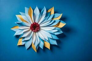 ein Blau und Gelb Papier Blume auf ein Blau Hintergrund. KI-generiert foto