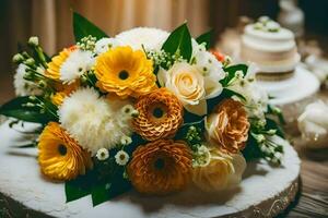 ein Hochzeit Strauß mit Gelb und Weiß Blumen. KI-generiert foto