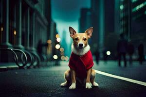 ein Hund tragen ein rot Jacke Sitzung auf das Straße. KI-generiert foto