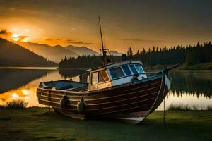 ein Boot sitzt auf das Ufer von ein See beim Sonnenuntergang. KI-generiert foto