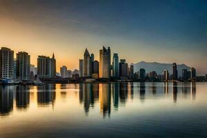 das Horizont von Dubai beim Sonnenuntergang. KI-generiert foto