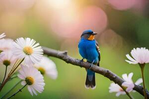 ein Blau Vogel sitzt auf ein Ast mit Weiß Blumen. KI-generiert foto