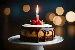 ein Geburtstag Kuchen mit ein zündete Kerze auf oben. KI-generiert foto