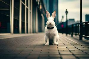 ein Weiß Hase Sitzung auf ein Backstein Gehweg. KI-generiert foto