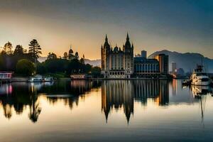 ein schön Sonnenuntergang Über ein See mit ein Schloss im das Hintergrund. KI-generiert foto