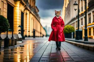 ein Katze tragen ein rot Mantel Gehen Nieder ein Straße. KI-generiert foto