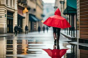 ein Frau Gehen im das Regen mit ein rot Regenschirm. KI-generiert foto