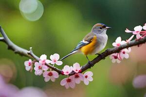 ein Vogel sitzt auf ein Ast mit Rosa Blumen. KI-generiert foto