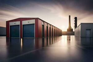 ein Warenhaus mit zwei groß Türen und ein Fabrik Gebäude. KI-generiert foto