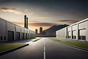 ein Straße führen zu ein groß industriell Gebäude. KI-generiert foto