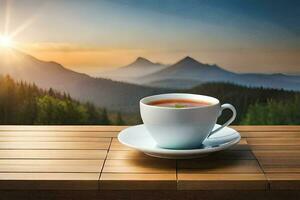 ein Tasse von Tee auf ein hölzern Tabelle im das Berge. KI-generiert foto
