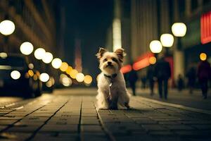 ein klein Hund ist Stehen auf ein Straße beim Nacht. KI-generiert foto