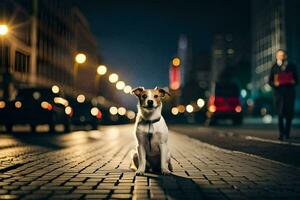 ein Hund Sitzung auf das Straße beim Nacht. KI-generiert foto