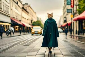 ein Katze tragen ein Grün Mantel Gehen Nieder ein Straße. KI-generiert foto