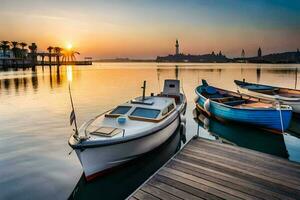 Boote angedockt beim das Seebrücke beim Sonnenuntergang. KI-generiert foto