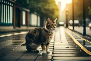 ein Katze ist Stehen auf das Straße im das Stadt. KI-generiert foto