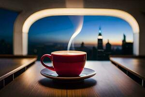 ein Tasse von Kaffee auf ein Tabelle mit ein Aussicht von das Stadt. KI-generiert foto