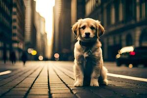 ein Hund Sitzung auf das Straße im ein Stadt. KI-generiert foto