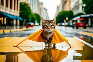 ein Katze Gehen auf ein nass Straße mit ein Regenschirm. KI-generiert foto