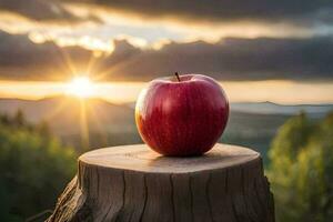 ein Apfel sitzt auf oben von ein Stumpf mit das Sonne Rahmen hinter Es. KI-generiert foto