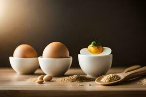 Eier im Tassen mit Gewürze und Gewürze. KI-generiert foto