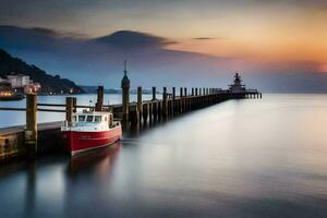 ein rot Boot angedockt beim das Seebrücke beim Sonnenuntergang. KI-generiert foto