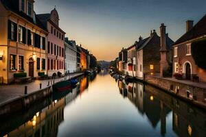 ein Kanal im Brügge, Belgien beim Sonnenuntergang. KI-generiert foto