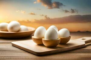 Eier im hölzern Schalen auf ein hölzern Schneiden Tafel. KI-generiert foto