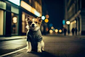 ein Hund im ein Hemd Stehen auf das Straße beim Nacht. KI-generiert foto