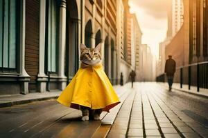 ein Katze tragen ein Gelb Regenjacke auf ein Stadt Straße. KI-generiert foto