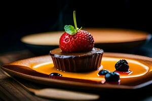 ein Dessert mit Schokolade und Beeren auf ein hölzern Platte. KI-generiert foto