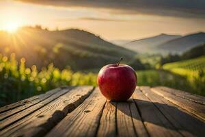 ein Apfel sitzt auf ein hölzern Tabelle im Vorderseite von ein Sonnenuntergang. KI-generiert foto