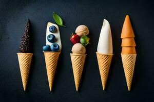 fünf Eis Sahne Zapfen mit anders Typen von Eis Creme. KI-generiert foto