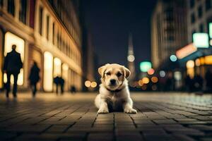 ein Hündchen sitzt auf das Boden im ein Stadt beim Nacht. KI-generiert foto