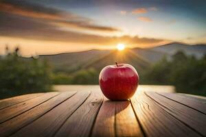 ein Apfel sitzt auf ein hölzern Tabelle im Vorderseite von ein Sonnenuntergang. KI-generiert foto