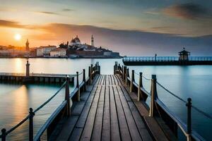 Foto Hintergrund das Himmel, Meer, Wasser, Brücke, Sonnenuntergang, das Stadt, das Stadt,. KI-generiert